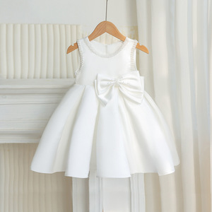 Vestito da Principessa Bianco Senza Maniche per <span class=keywords><strong>Bambina</strong></span>, con Perle e Fiocco Grande, Ideale per <span class=keywords><strong>Damigella</strong></span>, Feste di Compleanno e Recital di Pianoforte - Product Image 1