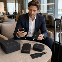 Kit Cadeau de Voyage Personnalisé avec Logo : Batterie Externe 10000mAh, Porte-Passeport RFID, Organisateur de Câbles – Cadeaux d'Entreprise VIP pour Voyages