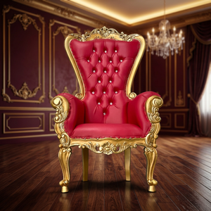 Midcentury Style Red Fabric Tufted Back Ball Chair with <b>Gold</b> Frame and Ornate Carving for Living Room & Bedroom - Product Image 1