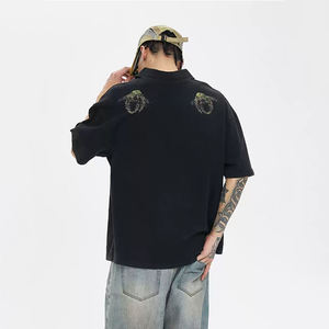 T-shirts en tricot surdimensionnés pour hommes vintage délavés à l'acide 100% coton respirant imprimés à l'écran à manches courtes - Product Image 4