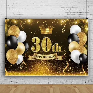 闪光黑色和金色30岁快乐生日背景7x5ft英尺金色圆点气球成年女性50岁摄影