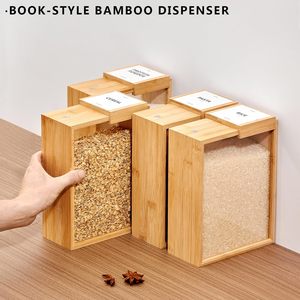 <b>Bamboo</b> Cereal Dispenser 22.35x17.27x7.9cm Transparent Wooden Lid Rectangle Grain Storage <b>Container</b> - Product Image 3