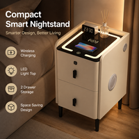 Table de chevet moderne compacte et intelligente avec chargeur sans fil, surface éclairée par LED, 2 tiroirs de rangement, gain de place pour la chambre à coucher et la maison