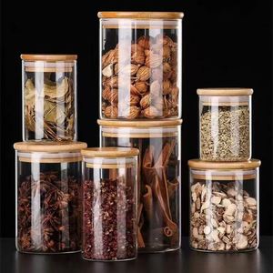 Bocaux de conservation hermétiques en verre borosilicate avec couvercle en bambou, empilables, pour l'organisation du garde-manger et des épices - Product Image 1