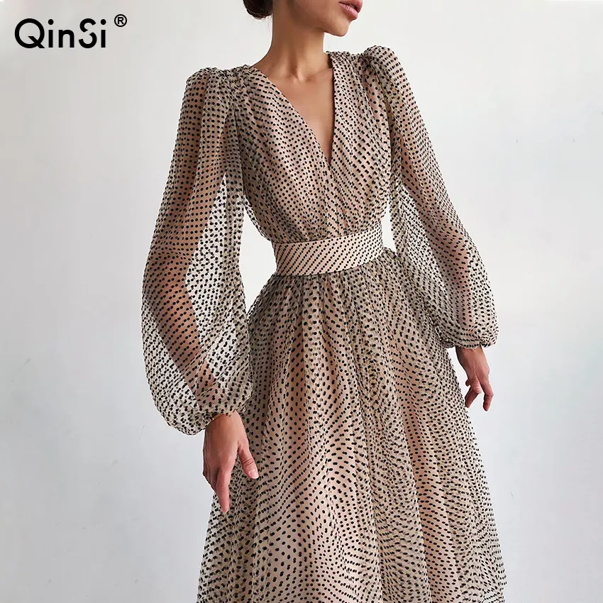 Bclout/QINSI Elegant Robe Belt Polka Dot Ball Gown Outfit Women Chiffon Deep V-Neck Sexy Dresses Seawefit Puff Long Sleeve Dress