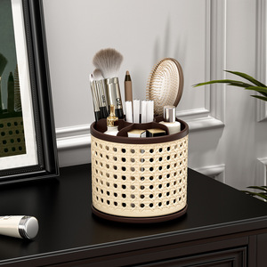 Vintage Style Rotary Makeup Organizer With Partitions Desktop Storage Cylinder Brown <b>Black</b> 4 In 1 - Product Image 4