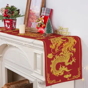 2024 Chinese New Year Decorations Dragon Red Gold Runner for Holiday Decorations Custom Happy Chinese New Year Table Runner