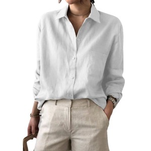 <span class=keywords><strong>Camicia</strong></span> in Cotone e <span class=keywords><strong>Lino</strong></span> Tinta Unita con Bottoni, Stile Retrò <span class=keywords><strong>Donna</strong></span>, Nuova Collezione Autunno 2026, Alta Qualità, Leggera, Stile Europeo Americano Transfrontaliero - Product Image 1