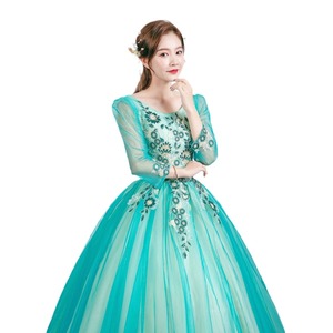 Peacock Blue Ball Gown Evening Dress With Floral Print Chiffon Scoop Neck Empire Waistline For Performances Parties Photo - Product Image 5