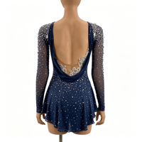 Robe de patinage artistique bleu marine entièrement ornée de strass, dos nu, manches longues, en maille pour enfants et adultes, pour compétitions sur glace