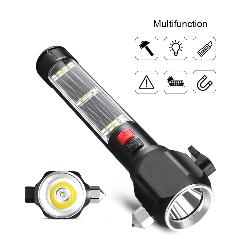 FL017 Solar Power LED Flashlight torch with safety hammer