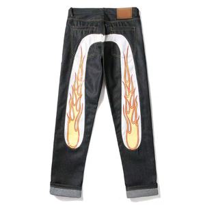 Pantalones Vaqueros Rectos de Algodón para Hombre al por Mayor, Jeans de Estilo Hip Hop con Panel en Contraste y Estampado Gráfico de Llamas - Product Image 2