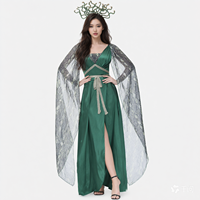 Robe longue de soirée féminine pour Halloween, style Renaissance, avec cape en maille à sequins verts et coiffe à cornes, pour cosplay de fée elfe fantastique