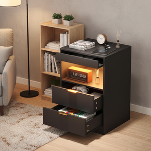 <span class=keywords><strong>Table</strong></span> <span class=keywords><strong>de</strong></span> chevet moderne en bois BSCI-FSC OEM avec station <span class=keywords><strong>de</strong></span> charge LED, rangement multifonctionnel pour appartement et chambre, 2 tiroirs coulissants - Product Image 3