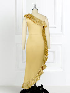 Ruffles Sleeveless Party Gold Shiny Slit Vestidos irregulares de baile para mujer - Product Image 4