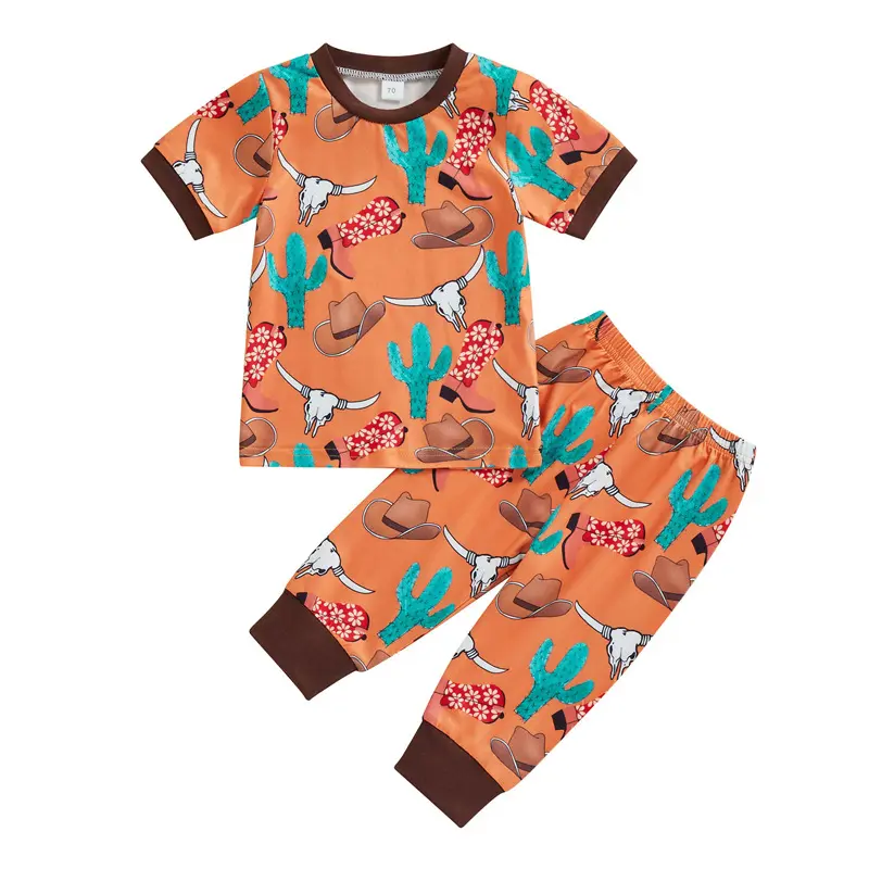 RTS spring children's cow head cactus print short-sleeve t-shirt bundle feet pants two piece kids pajamas sets