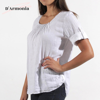 Camisa Corta de Gasa con Cuentas, Estilo Bohemio Informal, Talla Grande, Color Blanco, para Mujer, Verano