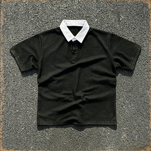 Men's Black Short Sleeve Polo Shirt with O-Neck Collar Casual Woven Breathable Washed Solid Color Button Front Design - Product Image 1