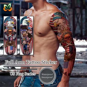 Grosir tato temporer gaya Amerika ukuran besar, lengan penuh untuk pria, seni tubuh, bendera US, stiker tato sementara tahan air