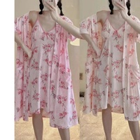 Vêtements de nuit en coton pour femmes, robe sexy avec robe de nuit, style floral, robe de nuit avec peignoir, 2 pièces, lingerie, pyjama