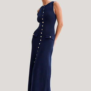 2024 été nouveau Style à la mode <span class=keywords><strong>sans</strong></span> manches simple boutonnage taille haute minceur longue robe pour femmes tricoté robe <span class=keywords><strong>pull</strong></span> - Product Image 2