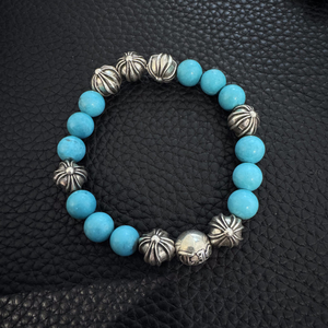 S925 Reines Silber Kroos Acht Silberperlen Naturstein Runde Perlen Armband für Paare, Obsidian Türkis Armband - Product Image 5