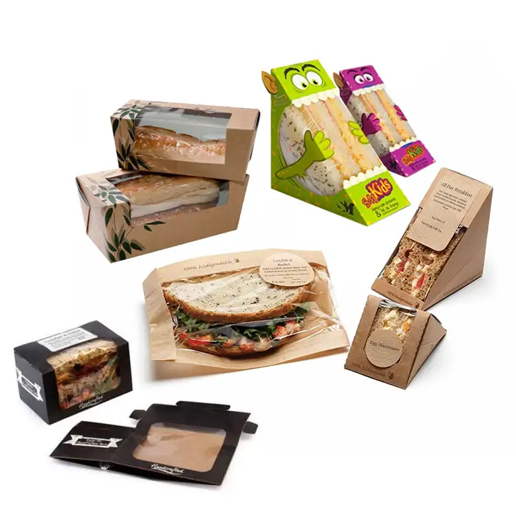 Logo personalizzato stampato eco friendly ristorante cibo triangolo da asporto imballaggio per sandwich kraft scatola di carta con finestra