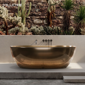 Vasca da Bagno Moderna Freestanding in Resina Trasparente Colorata, Vasca in Acrilico Trasparente per Hotel e Ville con Accessorio di Scarico - Product Image 1