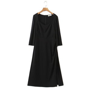 Vestido de noche estilo Hepburn de talla grande, negro, con cuello cuadrado, cintura imperio y manga de longitud media N8465 - Product Image 1