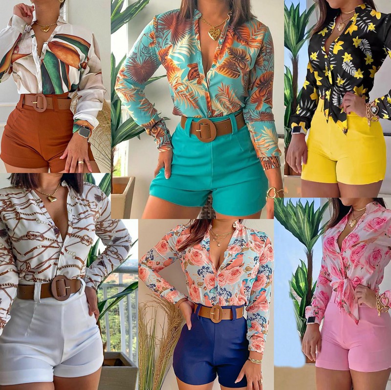 Y220161 New Fashion Print Long Sleeve Shirt Sets with belt 3 Piece Women Summer Outfits Sets Three Piece Blouse Shorts Set