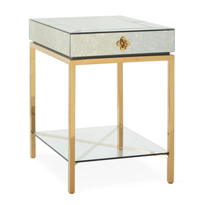 Jonathan Adler Antique <strong>Mirrored</strong> Bedside Table with Drawer Gold Metal Base Glass Layer <strong>Nightstands</strong> Modern Bedroom Side Cabinets - Product Image 3