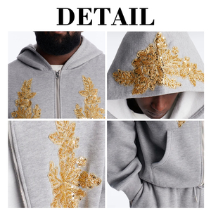 KingSen Wholesale Men Custom Gold Sequin Embroidery Zip Hoodie Heavyweight Cotton Oversized Sweatshirt Luxury Streetwear - Product Image 6