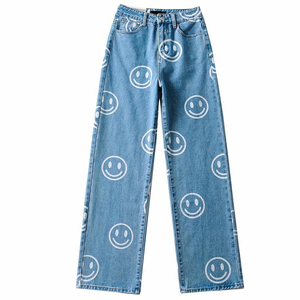 BUFA prezzo all'ingrosso stampa viso sorridente vita alta Plus Size Jeans Boyfriend <span class=keywords><strong>donna</strong></span> <span class=keywords><strong>pantaloni</strong></span> dritti azzurri - Product Image 4