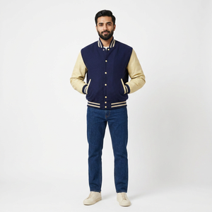 Chaqueta Bomber Varsity de Cuero de Lujo Personalizada para Hombre con Cuello Alto, Logotipo Frontal y Puños de Punto a Rayas - Product Image 1