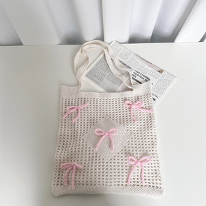 Bolso de mano de punto de gran capacidad para mujer, estilo de vacaciones en la playa con elemento de lazo, bolso de hombro portátil de poliéster a la moda - Product Image 2