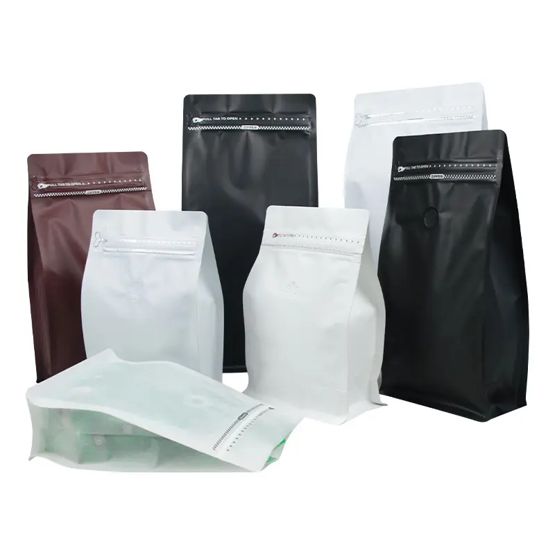 Custom 8 lati sigillati imballaggio in plastica fondo piatto chicco di caffè borsa con valvola e cerniera