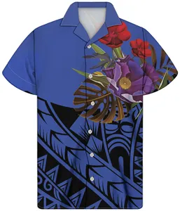 도매 망 의류 폴리네시아 문신 부족 하와이 열대 꽃 패턴 사용자 정의 버튼 셔츠 쿠바 칼라 남성 셔츠