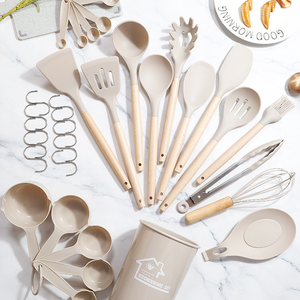 Custom Logo 33 Pieces Kitchen Accessories Cooking Spatula Spoon Non-stick Food Grade <b>Silicone</b> Utensils Set With Wooden Handle - Product Image 1