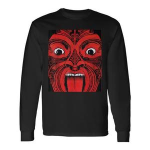 T-shirt a maniche lunghe da uomo con design tribale rosso da guerriero maori, abbigliamento casual da uomo - Product Image 1