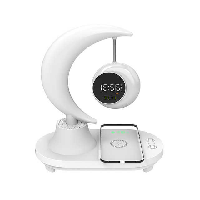 Cute Moon Shape Smart Desk Lamp Atmosphere Bedside Table Light With Wireless Charging Station BT Speaker and Alarm Clock
