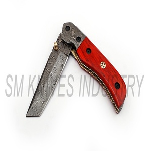 Cuchillo de bolsillo plegable Damasco hecho a mano con hoja Sheepsfoot, mango de madera y funda de cuero (smk1227) - Product Image 4