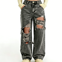 Pantalon en jean noir déchiré et effiloché pour femme, style streetwear décontracté, taille haute, coupe droite, baggy