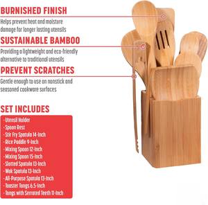 11-Piece Burnished Bamboo <b>Kitchen</b> Utensils Set Smooth Polished Edge Ergonomic Handle Cooking Spoon Spatula <b>Tongs</b> for Daily - Product Image 2