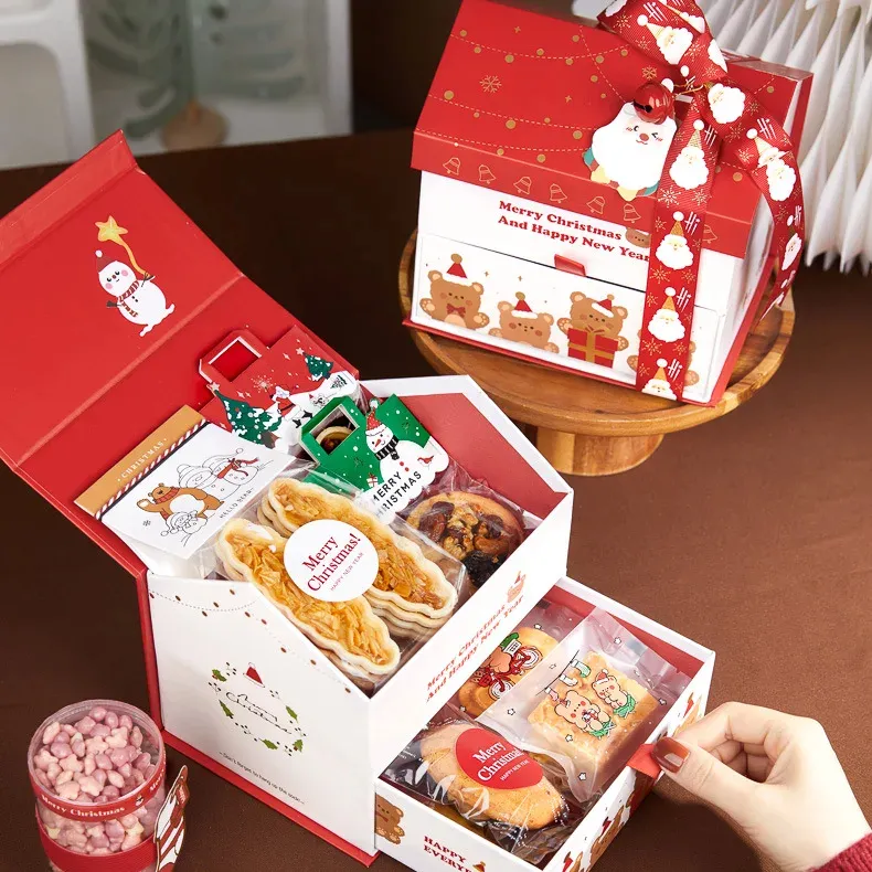 Großhandel Weihnachten Papier Haus Backen Kekse Schneeflocke knusprige Obst Dessert Leere Geschenk Blind Box mit Schublade