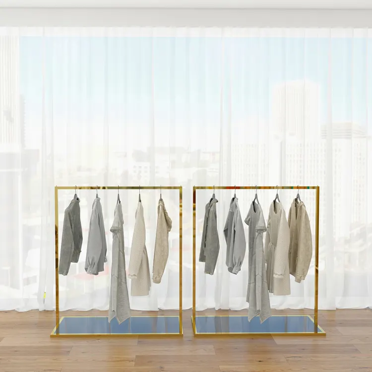 Custom Shiny Gold Stainless Steel Clothing Racks Garment Metal Women Store Dress Display Stands for Clothes Shops
