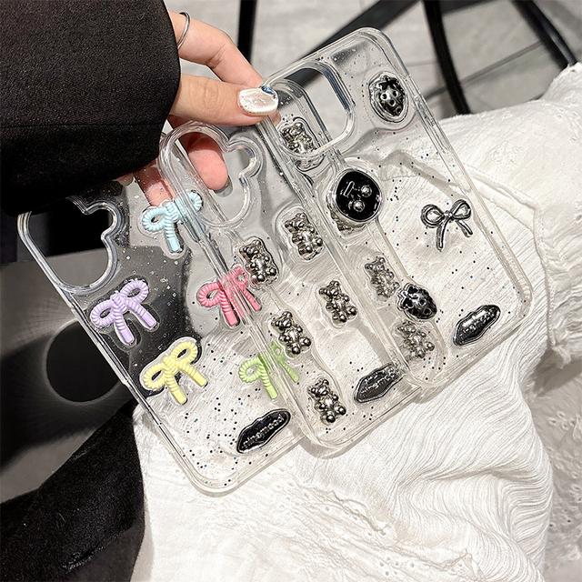 Creative Silver Bear Bow Strawberry Cherry Ornament TPU Silicone Korean Ins Style Women's Phone Case for iPhone 16 14 17 Pro Max