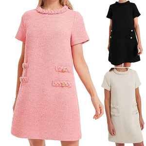 Elegante <span class=keywords><strong>Abito</strong></span> Estivo in <span class=keywords><strong>Tweed</strong></span> per Donna, Collo Tondo, Maniche Corte, Dettagli con Bottoni, Aderente, Lunghezza al Ginocchio, per Ufficio e Casual - Product Image 1