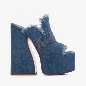 High Chunky Heels Women Thick Platform Peep Toe Denim Sandals Summer on Slippers Jeans <b>Shoes</b> Custom Logo Colors - Product Image 4