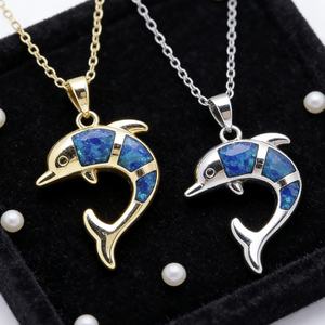 Kalung Liontin Hongqi 925 Perak Biru Blaze Opal Bentuk Lumba-lumba Berlapis Emas Rantai Link Setting Bezel Trendi Unisex Hadiah Pesta - Product Image 4