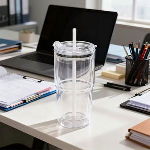 Fashionable 20oz <b>Plastic</b> Double Wall Tumbler with <b>Straw</b> Handle for Breakfast Juice Morning <b>Drink</b> - Product Image 2